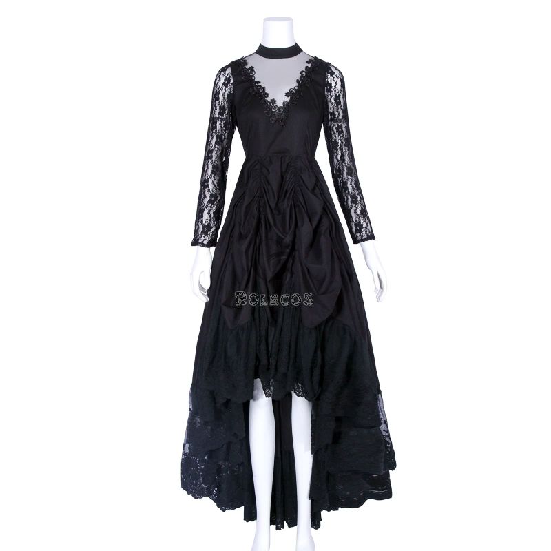 Black Sexy Gothic Victorian Elegant Dress With Waistband Cosplay Costumes-1