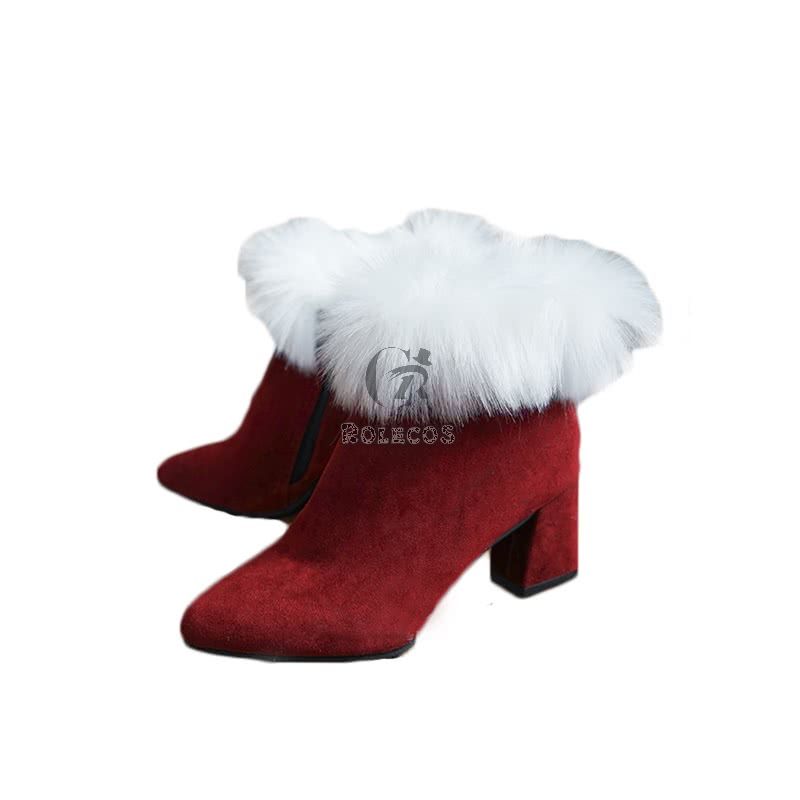 Women's Christmas Mrs. Clause Fur Trim Red Cosplay Bootie Shoes