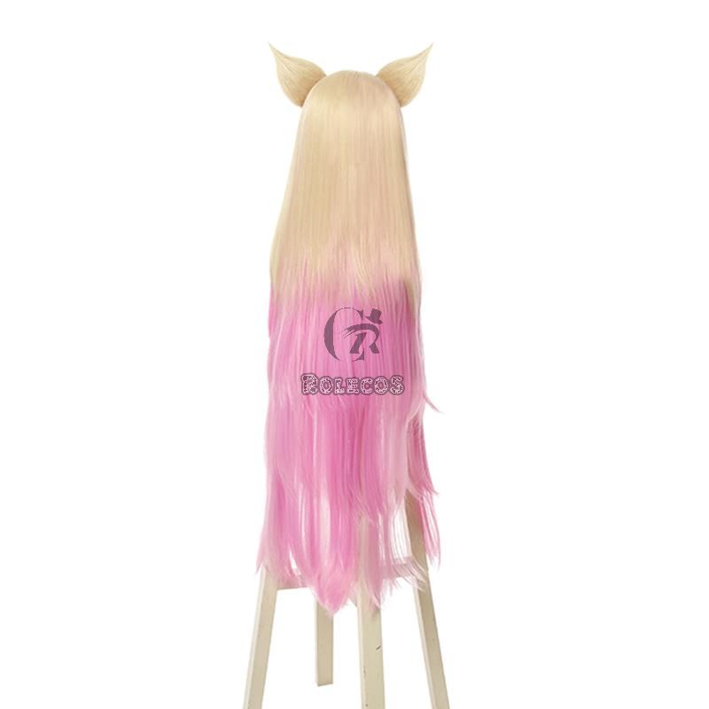 LOL KDA BADDEST Nine Tailed Fox Ahri Blond Mixed Pink Long Cosplay Wigs