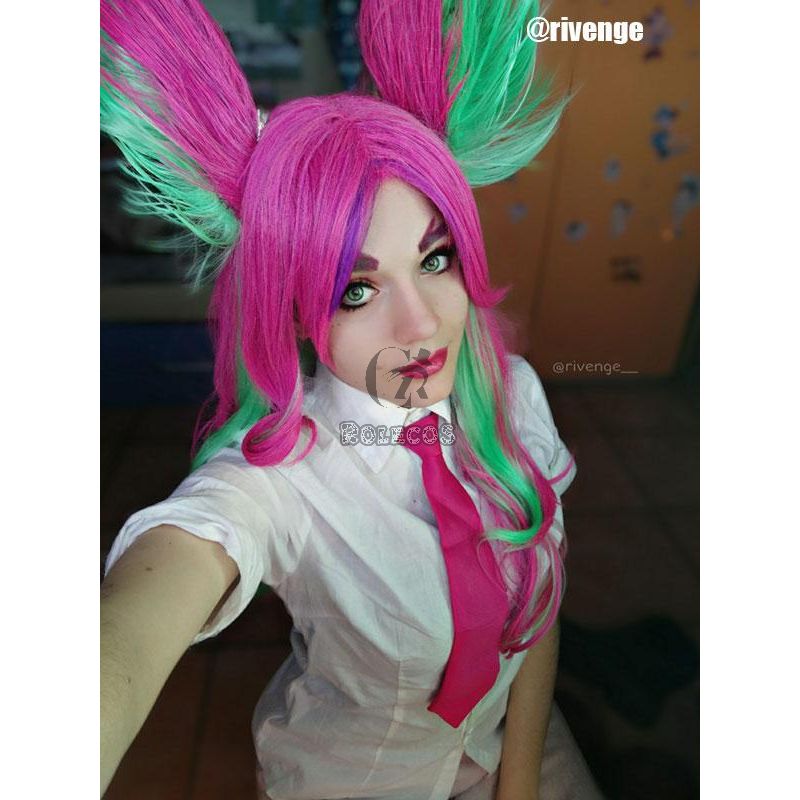 LOL Star Guardian Xayah Pink Mixed Green Long Cosplay Wigs For Sale