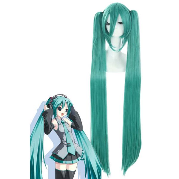 120cm Supper Long Green Vocaliod Cosplay Wigs Megurine Miku Straight Clip on Ponytails Full Hair