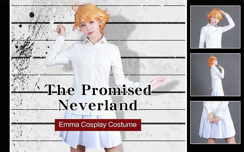 sleepy-rat261: Emma, from The Promised Neverland anime, she has short red  hair, long sleeve white shirt, white mini skirt, view full body, green  eyes, she is running